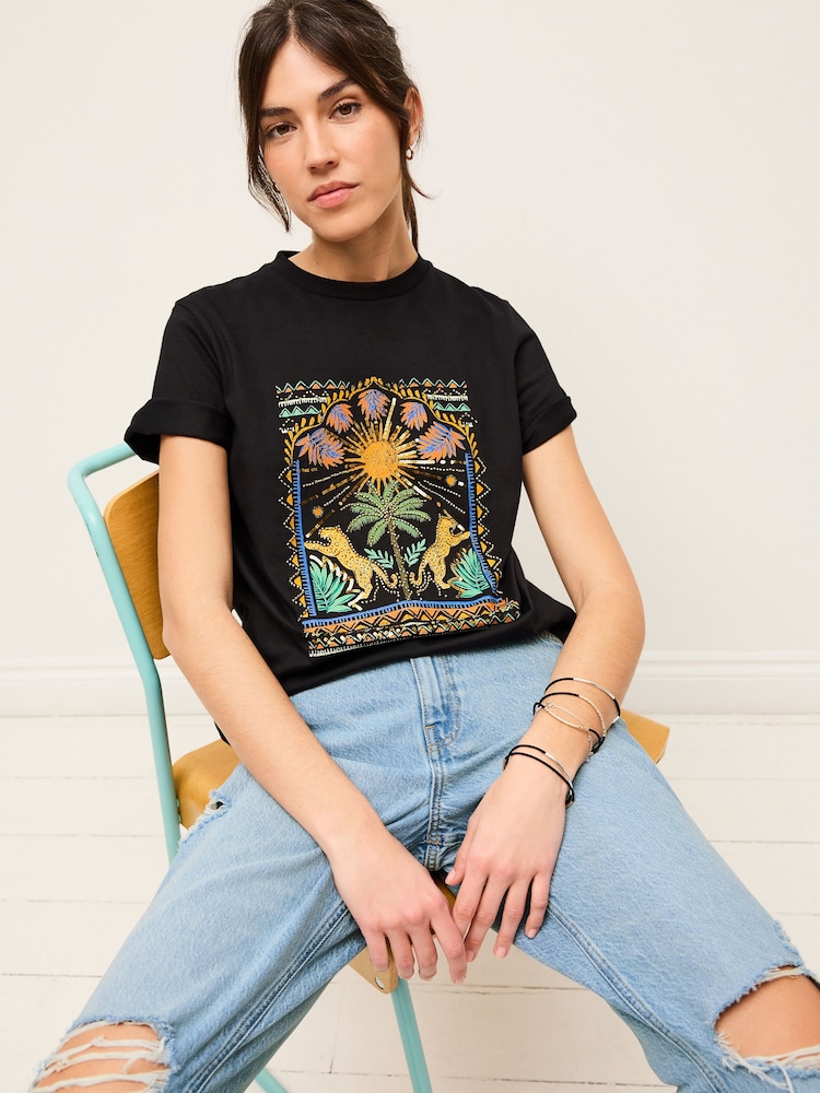 Black Palm Embellished Graphic Heavyweight Short Sleeve Crew Neck T-Shirt - Image 2 of 6
