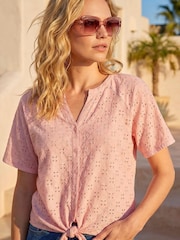 Roman Pink V-Neck Broderie Stretch Jersey Tie Front Top - Image 2 of 4