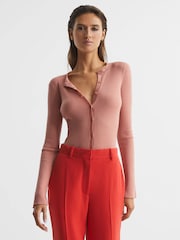 Reiss Pink Arabella Silk Wool Blend Ribbed Cardigan - Image 1 of 5