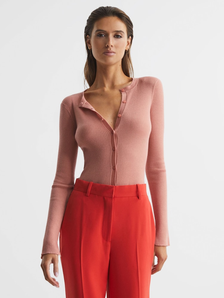 Reiss Pink Arabella Silk Wool Blend Ribbed Cardigan - Image 1 of 5