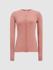 Reiss Pink Arabella Silk Wool Blend Ribbed Cardigan - Image 2 of 5
