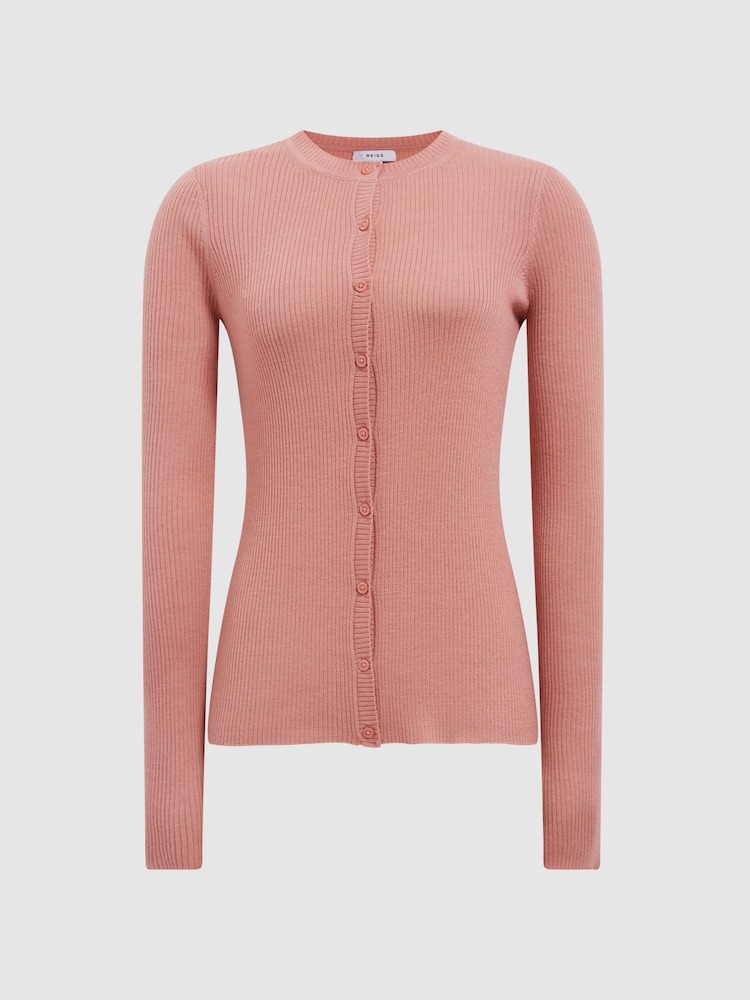Reiss Pink Arabella Silk Wool Blend Ribbed Cardigan - Image 2 of 5