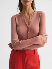 Reiss Pink Arabella Silk Wool Blend Ribbed Cardigan - Image 4 of 5