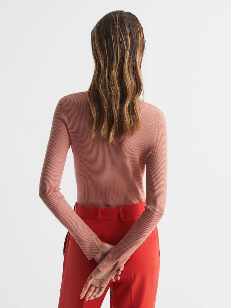 Reiss Pink Arabella Silk Wool Blend Ribbed Cardigan - Image 5 of 5