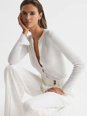 Reiss Ivory Arabella Silk Wool Blend Ribbed Cardigan - Image 1 of 6