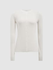 Reiss Ivory Arabella Silk Wool Blend Ribbed Cardigan - Image 2 of 6