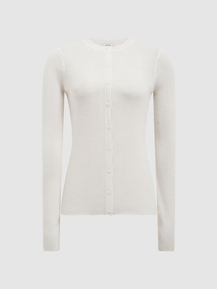 Reiss Ivory Arabella Silk Wool Blend Ribbed Cardigan - Image 2 of 6