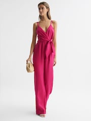Reiss Pink Emilia Petite V-Neck Linen Jumpsuit - Image 1 of 8