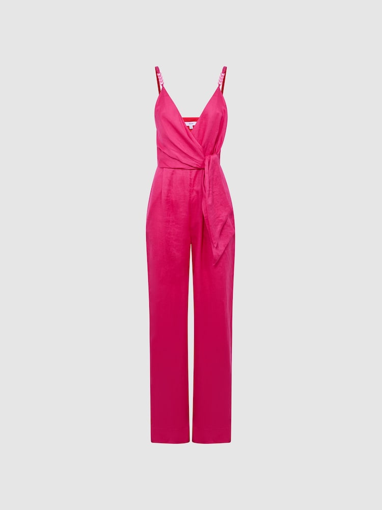 Reiss Pink Emilia Petite V-Neck Linen Jumpsuit - Image 2 of 8
