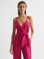 Reiss Pink Emilia Petite V-Neck Linen Jumpsuit - Image 3 of 8