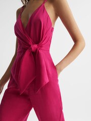 Reiss Pink Emilia Petite V-Neck Linen Jumpsuit - Image 7 of 8