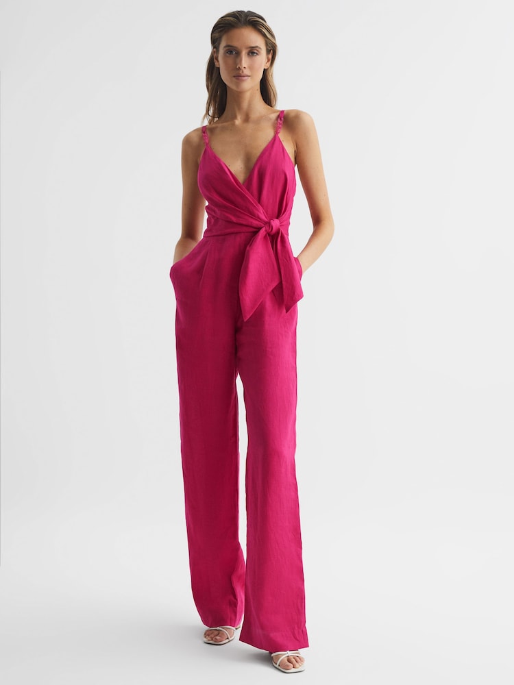 Reiss Pink Emilia V-Neck Linen Jumpsuit - Image 1 of 7