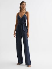 Reiss Navy Emilia V-Neck Linen Jumpsuit - Image 1 of 5