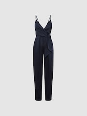 Reiss Navy Emilia V-Neck Linen Jumpsuit - Image 2 of 5
