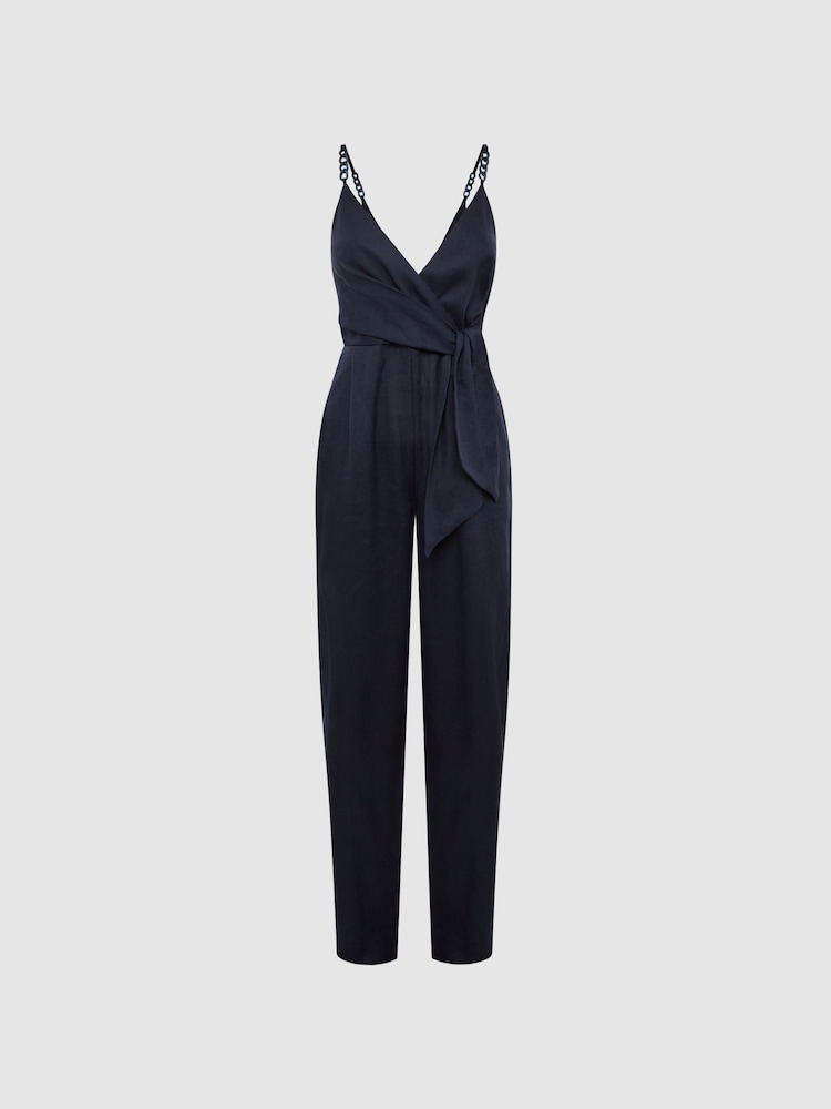 Reiss Navy Emilia V-Neck Linen Jumpsuit - Image 2 of 5