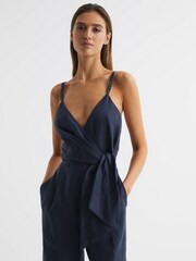Reiss Navy Emilia V-Neck Linen Jumpsuit - Image 3 of 5
