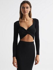 Reiss Black Iona Knitted Twist Cropped Top - Image 1 of 5