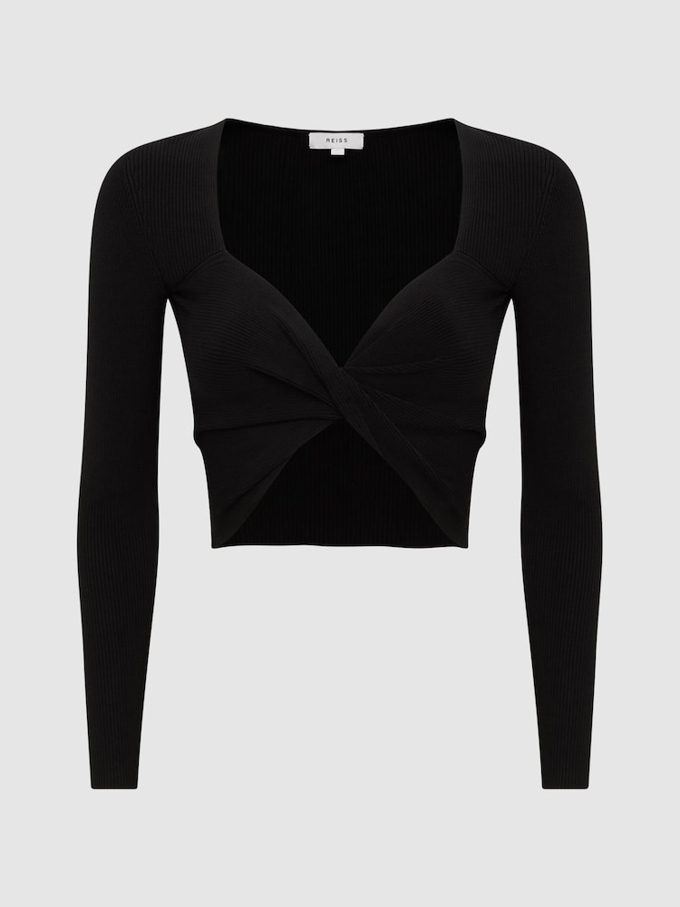 Reiss Black Iona Knitted Twist Cropped Top - Image 2 of 5