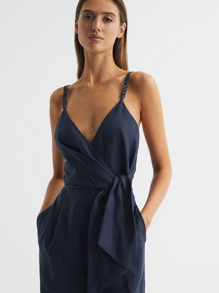Reiss Navy Emilia Petite V-Neck Linen Jumpsuit - Image 1 of 6
