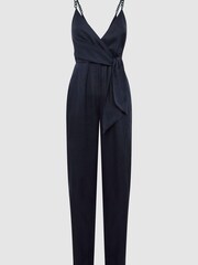 Reiss Navy Emilia Petite V-Neck Linen Jumpsuit - Image 2 of 6