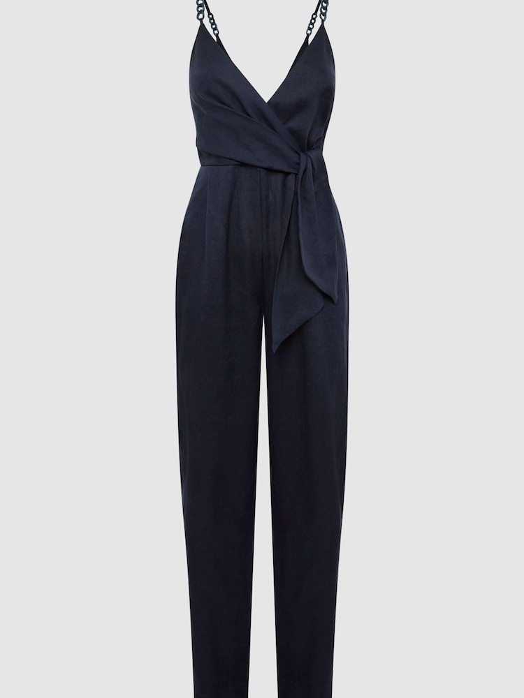 Reiss Navy Emilia Petite V-Neck Linen Jumpsuit - Image 2 of 6
