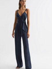 Reiss Navy Emilia Petite V-Neck Linen Jumpsuit - Image 3 of 6