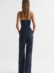 Reiss Navy Emilia Petite V-Neck Linen Jumpsuit - Image 5 of 6