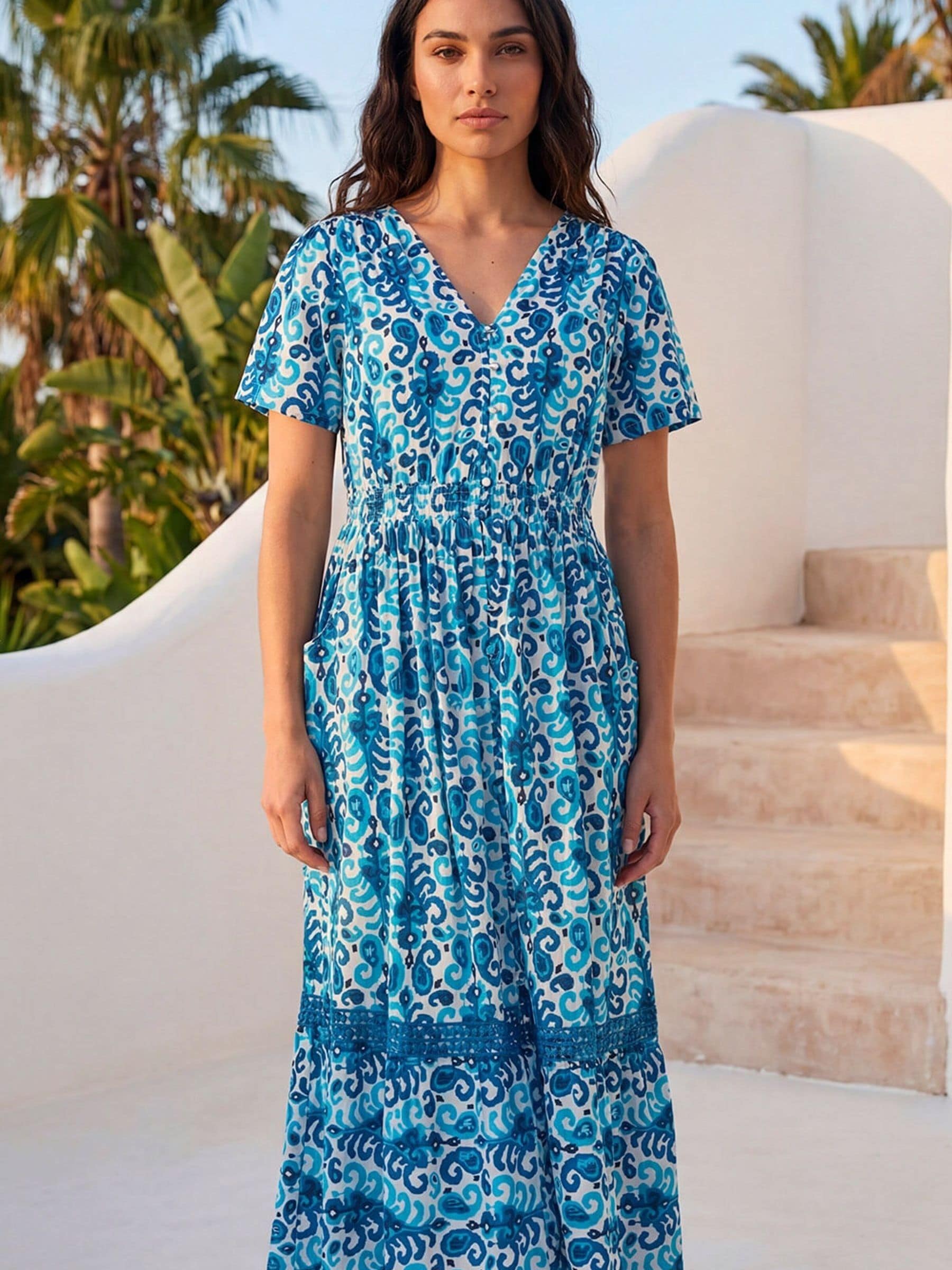 ◇未使用◇Ethnic Print Gather Sleeve Dress Buy Roman Blue Petite Aztec Print Button Midi Dress from Next USA