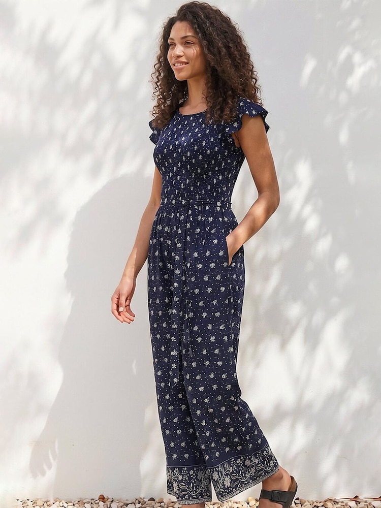 Roman Blue Petite Frill Sleeve Jumpsuit - Image 1 of 4 Roman Blue Petite Frill Sleeve Jumpsuit - Image 1 of 4