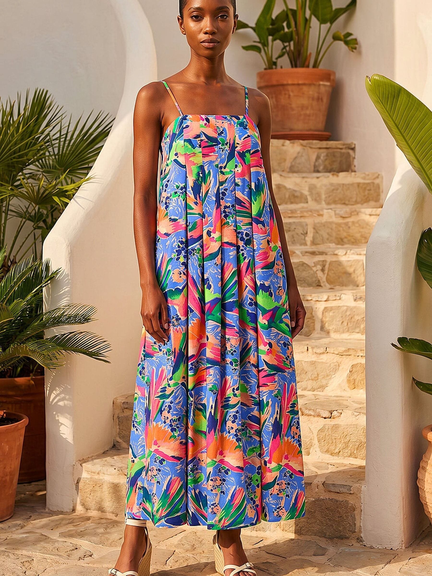 Roman Women's Blue Petite Abstract Tropical Midi Dress
