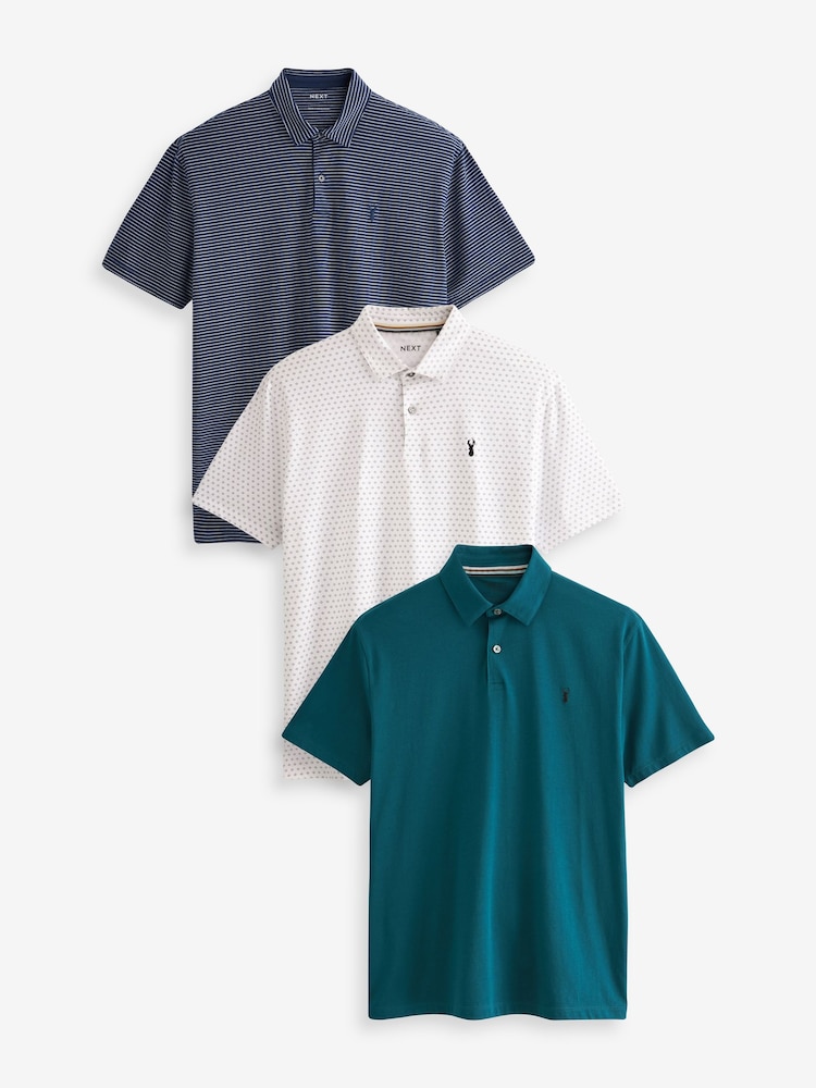 White Geo/Navy Blue Stripe/Teal Blue Regular Fit Short Sleeve Jersey Polo Shirts 3 Pack - Image 5 of 10