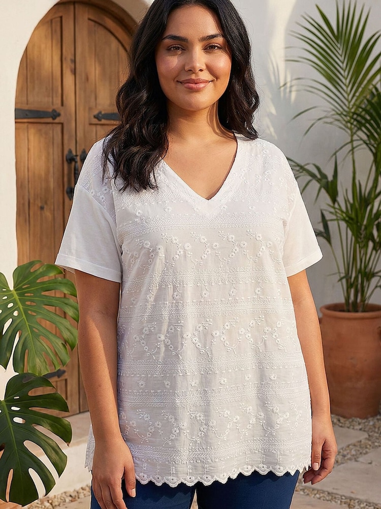 Roman White Curve Textured V-Neck Top - Image 1 of 4