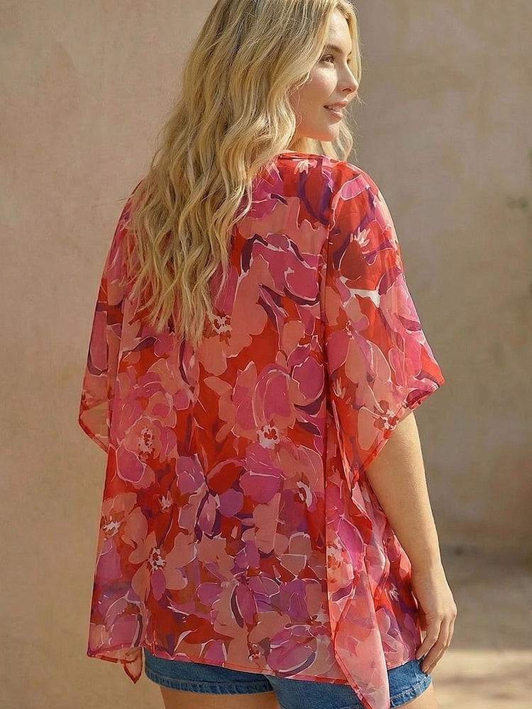 Roman Pink Curve Floral Chiffon Hanky Hem Top - Image 2 of 4