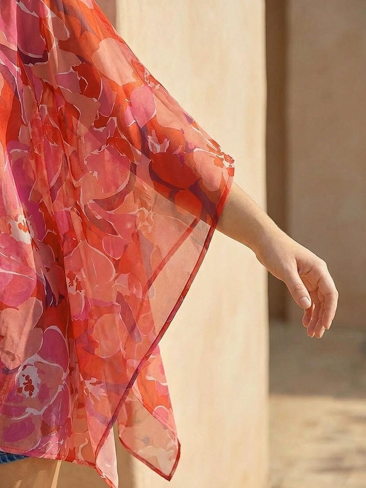 Roman Pink Curve Floral Chiffon Hanky Hem Top - Image 4 of 4