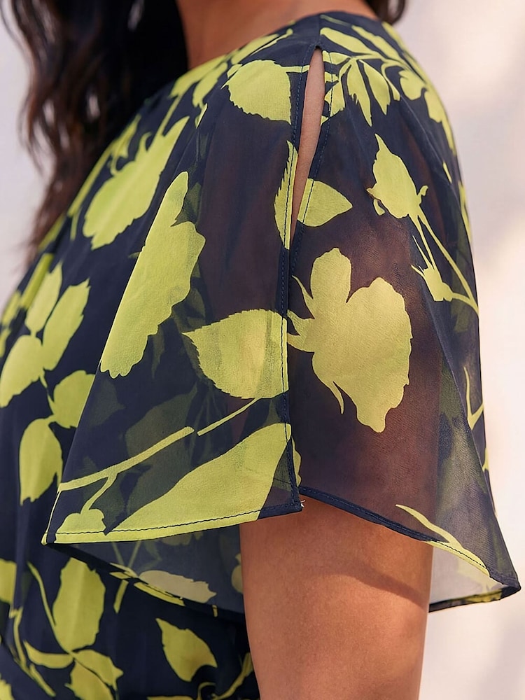 Roman Blue Floral Split Sleeve Midi Dress - Image 4 of 4 Roman Blue Floral Split Sleeve Midi Dress - Image 4 of 4