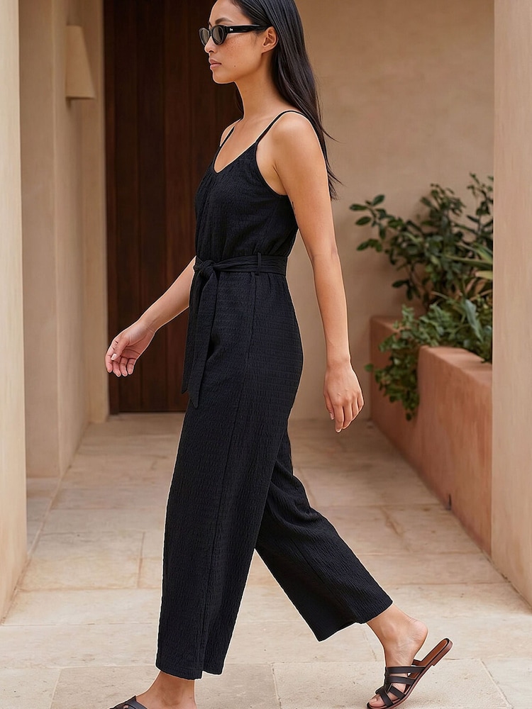 Roman Black Petite Textured Cropped Jumpsuit - Image 2 of 4 Roman Black Petite Textured Cropped Jumpsuit - Image 2 of 4