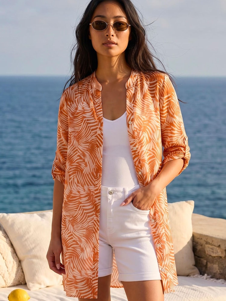 Roman Orange Petite Leaf Print Longline Shirt - Image 1 of 4 Roman Orange Petite Leaf Print Longline Shirt - Image 1 of 4