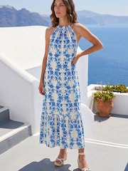 Roman Blue Petite Floral Print Tie Midi Dress - Image 1 of 4