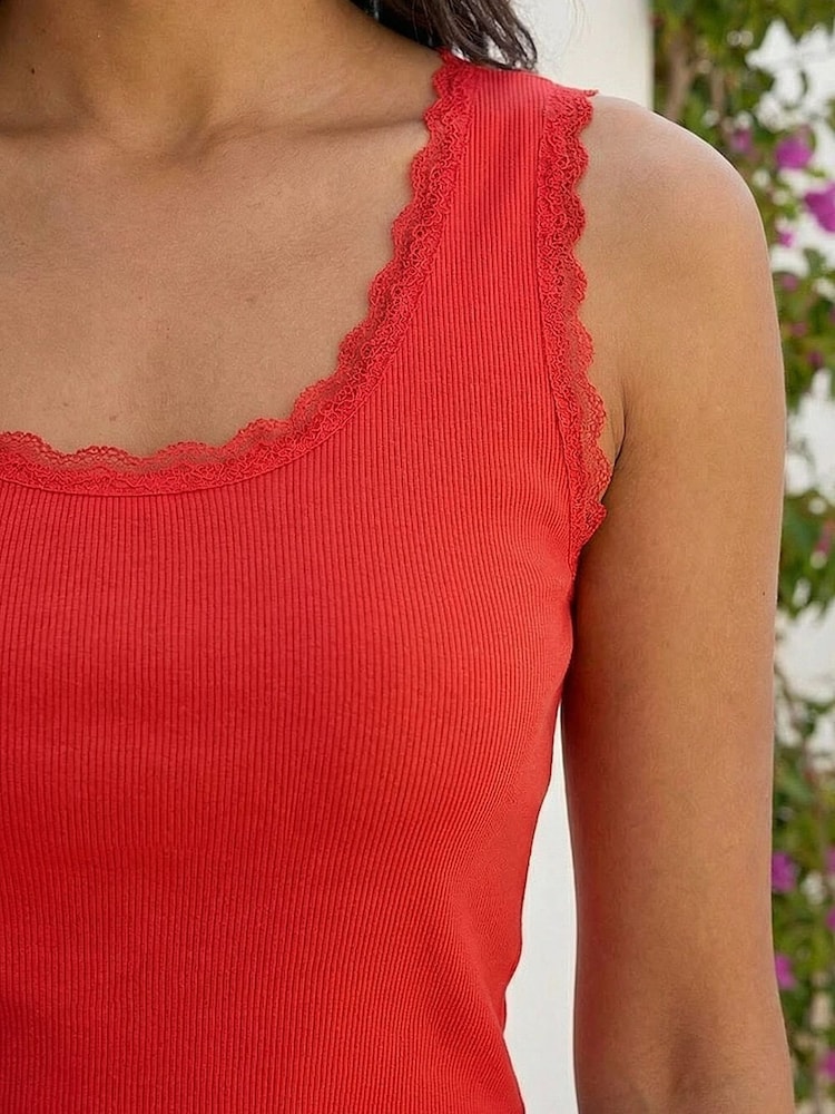 Roman Red Lace Trim Ribbed Vest Top - Image 4 of 4