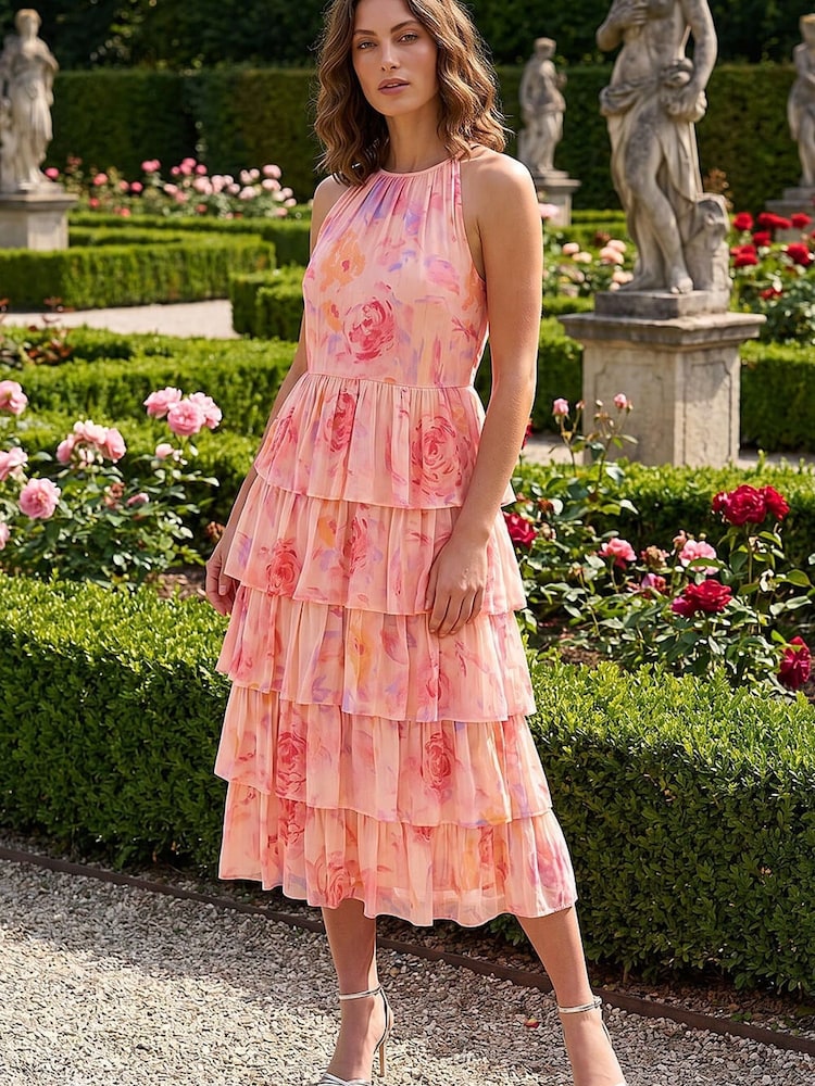 Roman Pink Petite Tiered Halter Neck Dress - Image 1 of 4 Roman Pink Petite Tiered Halter Neck Dress - Image 1 of 4