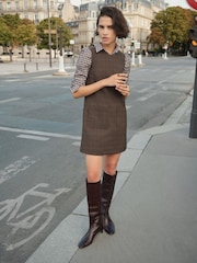 BHOEM Brown Plaid Check Patch Pockets Mini Sleeveless Dress - Image 1 of 5