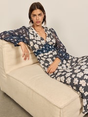 Chiffon Long Sleeve Floral Print Midi Dress - Imaginea 1 din 5