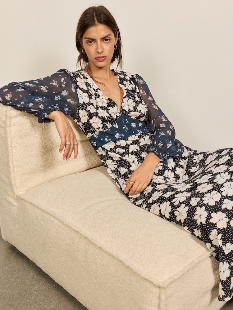 Chiffon Long Sleeve Floral Print Midi Dress - Imaginea 1 din 5