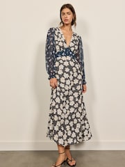Chiffon Long Sleeve Floral Print Midi Dress - Imaginea 2 din 5