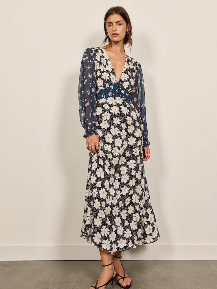 Chiffon Long Sleeve Floral Print Midi Dress - Imaginea 2 din 5