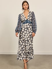 Chiffon Long Sleeve Floral Print Midi Dress - Imaginea 3 din 5
