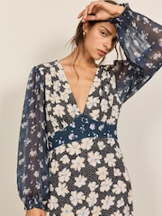 Chiffon Long Sleeve Floral Print Midi Dress - Imaginea 4 din 5