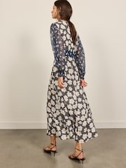 Chiffon Long Sleeve Floral Print Midi Dress - Imaginea 5 din 5