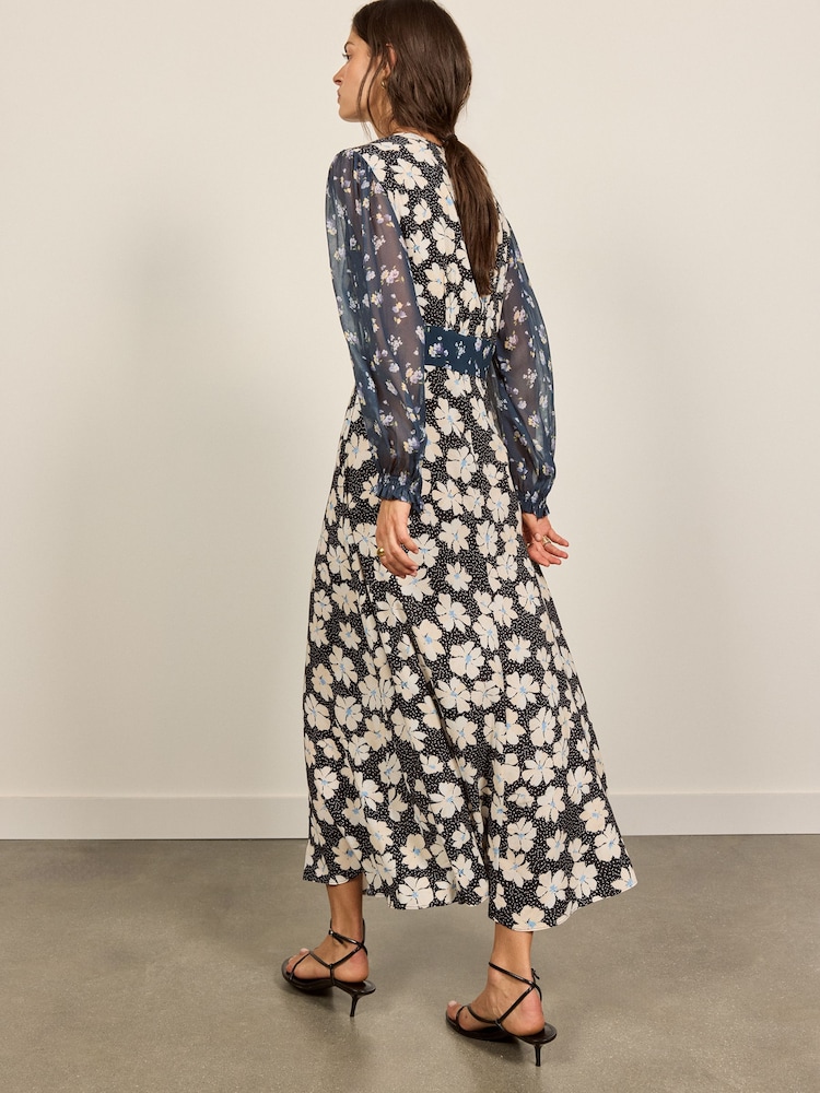 Chiffon Long Sleeve Floral Print Midi Dress - Imaginea 5 din 5