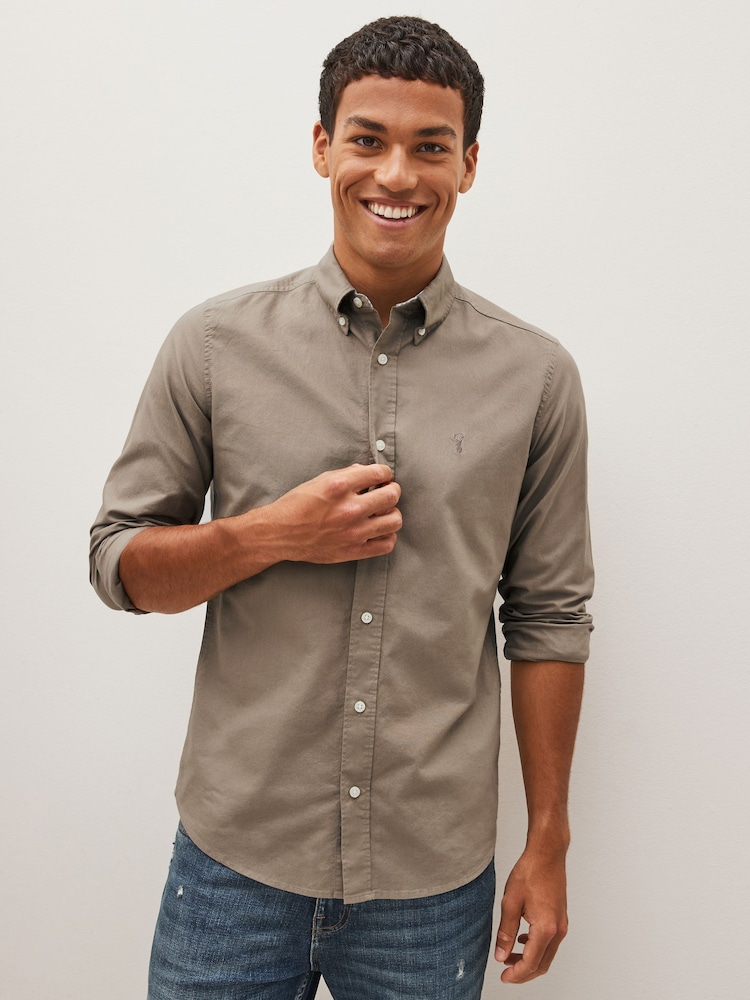 Stone Neutral Slim Fit Long Sleeve Oxford Shirt - Image 1 of 7
